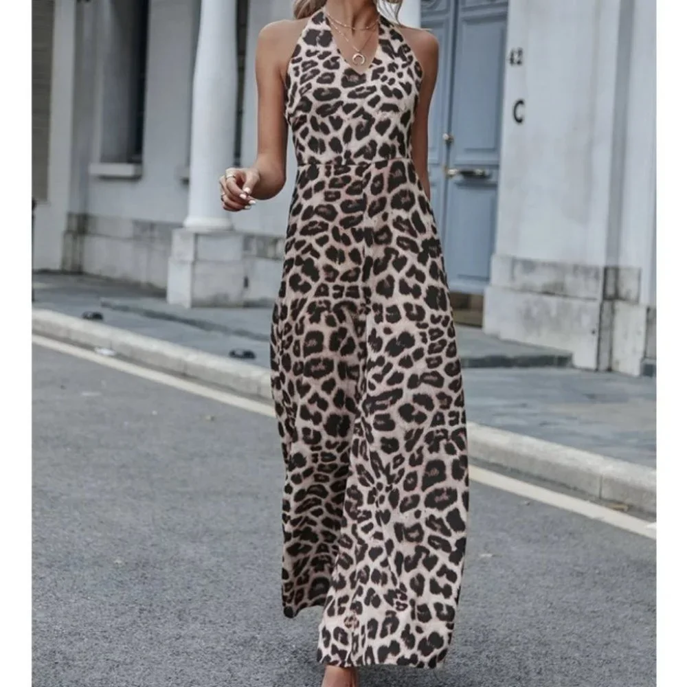 Leopard Aniaml Print Tie Backless Wide Leg Halter Jumpsuit Contemporary - Picture 5 of 6